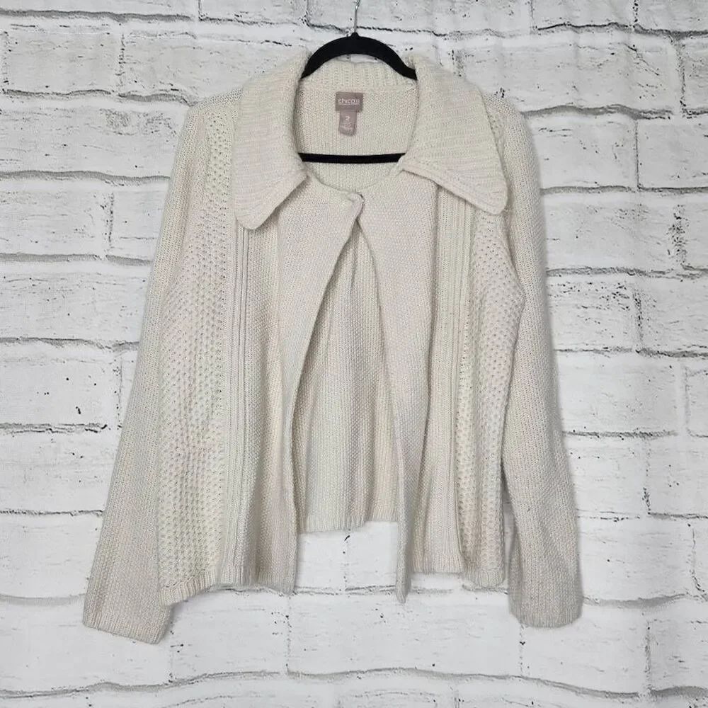 Chico's Womens Beige One Button Long Sleeve Knit Cardigan Sweater Sz 2 Large 12